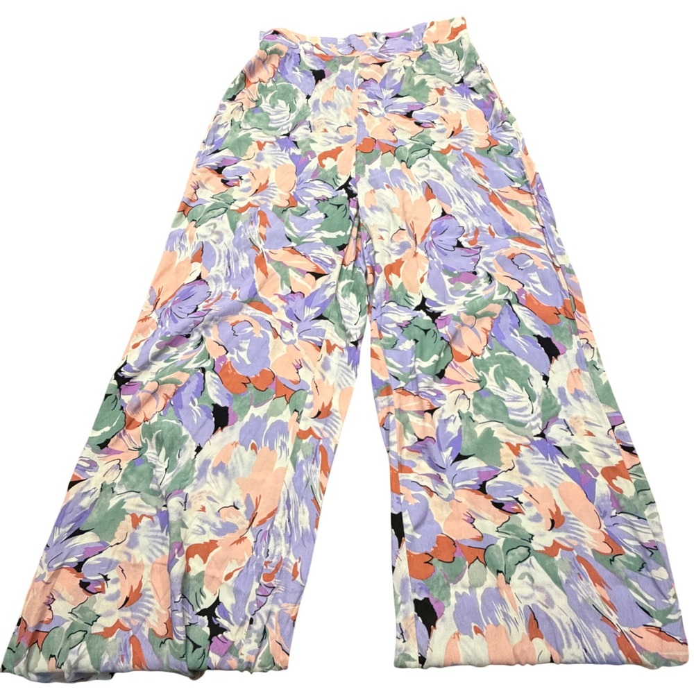 Lulus Womens Large Abstract Floral Wide Leg Pants Purple Peach High Waist Breezy